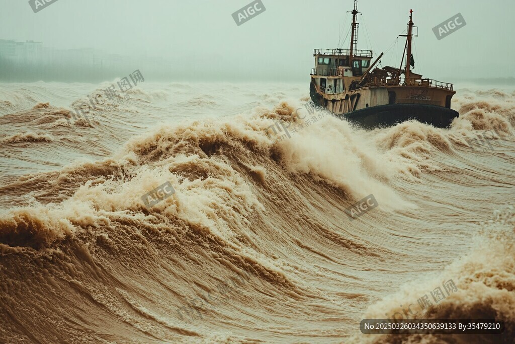 海浪中飘摇的老旧渔船