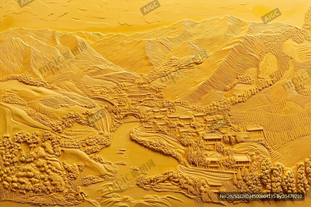 金色山水浮雕艺术图景