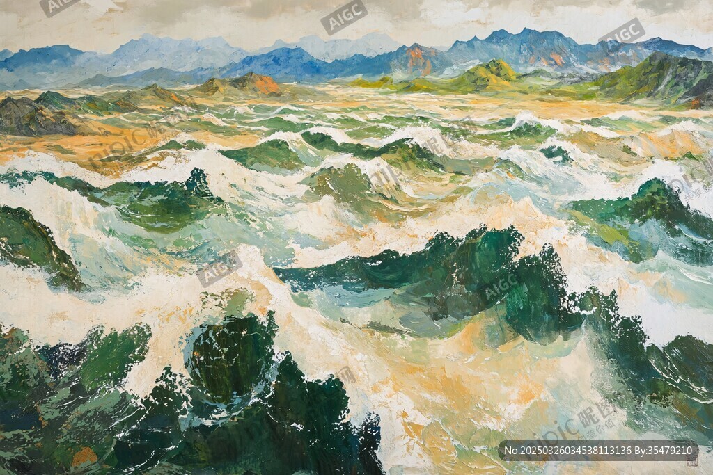 汹涌海浪与远山壮美景观
