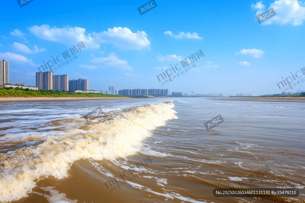 江边浪潮与城市天际线
