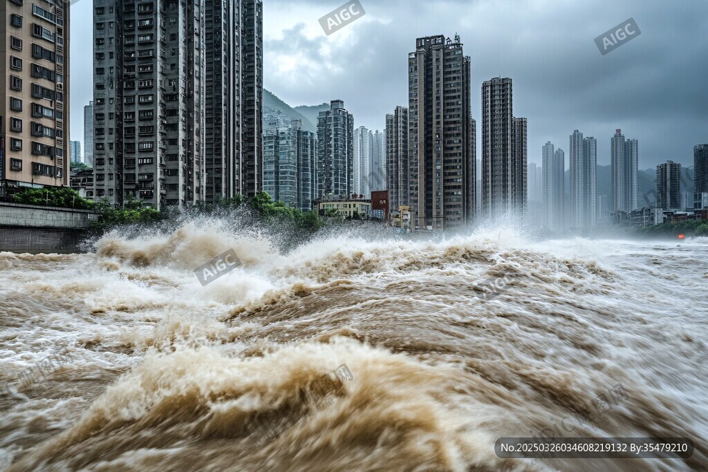 洪水冲击下的城市建筑群