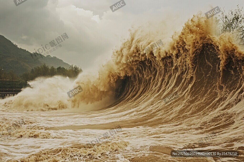 汹涌巨浪拍岸的磅礴景象