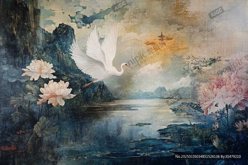 白鹭栖于山水花卉间