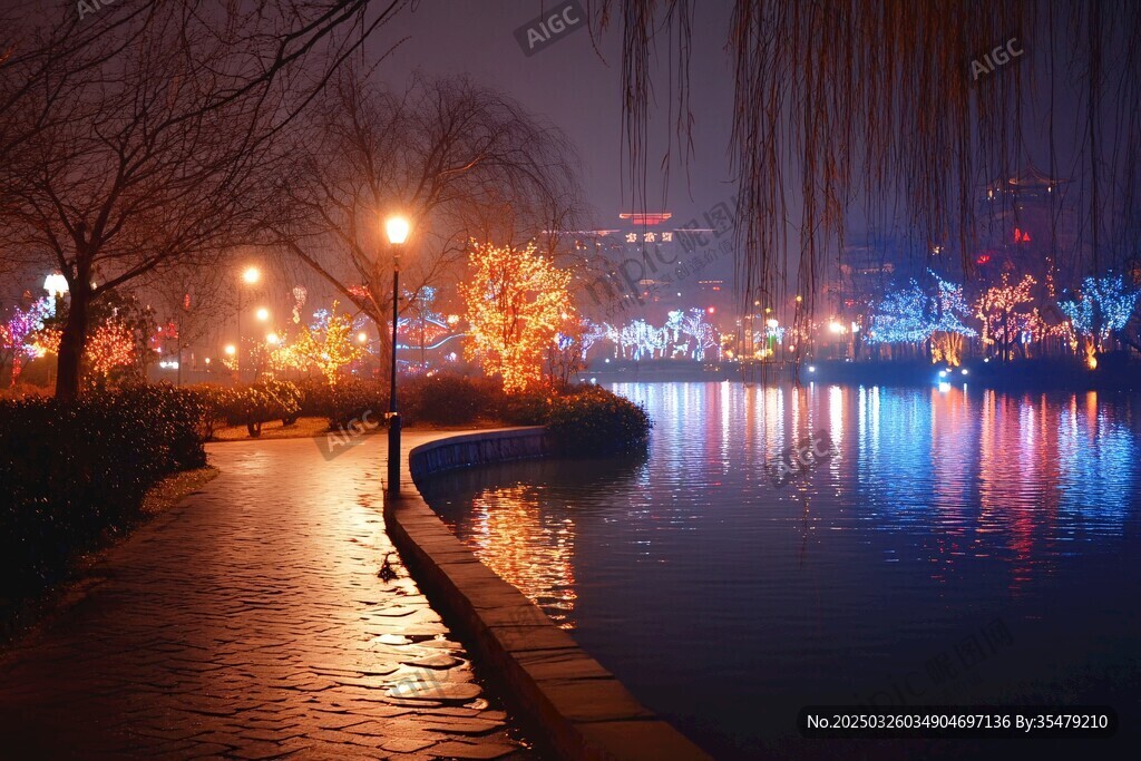 湖畔夜景 灯火与垂柳的诗意