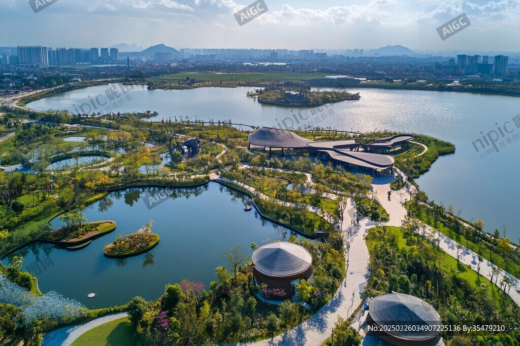 城市湖畔生态景观航拍