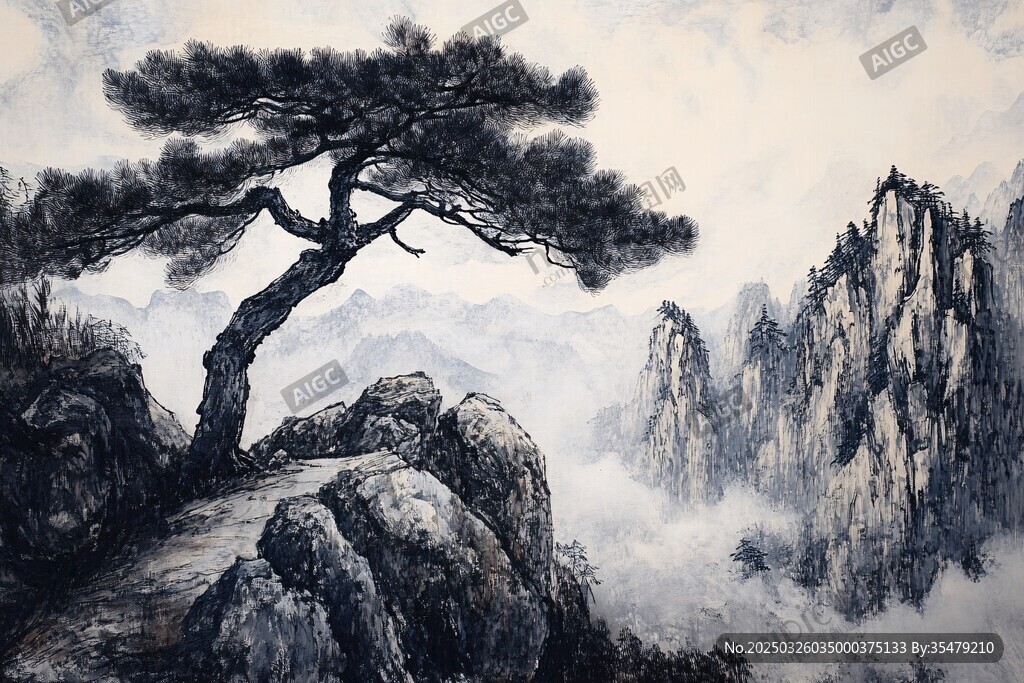 悬崖劲松 云雾山峦图景
