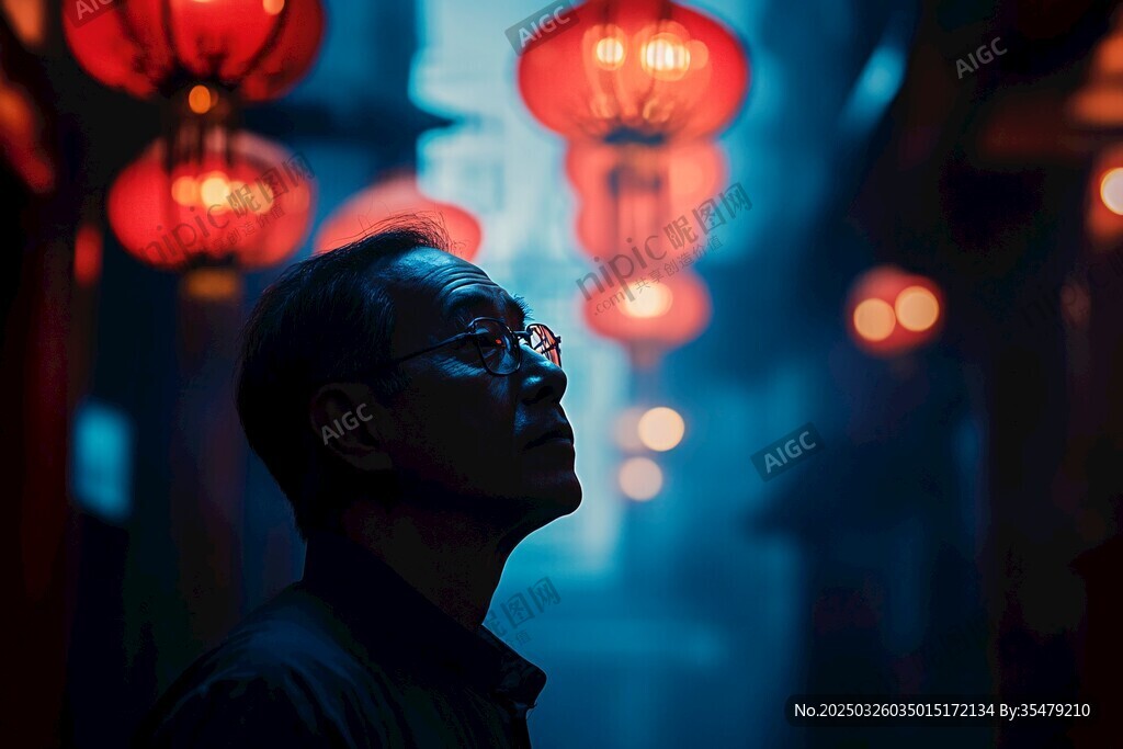 夜巷中仰观红灯的男子