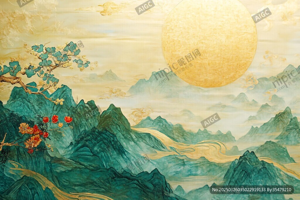 旭日耀青山 祥云绕劲松