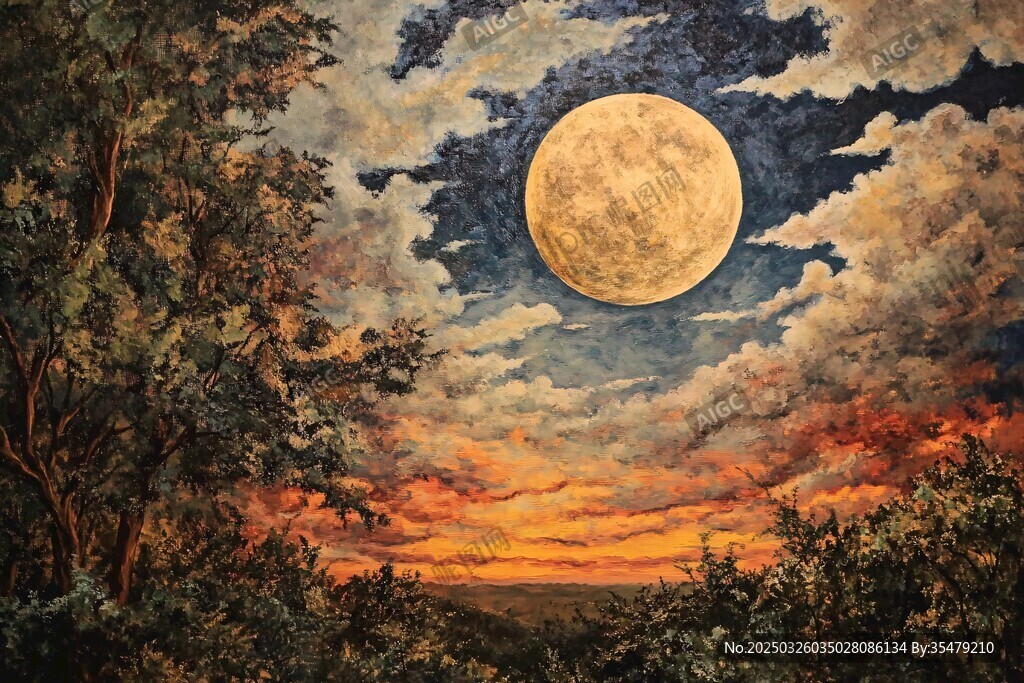 月夜森林景观油画