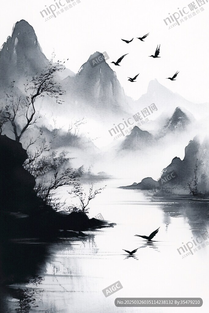 水墨山水间飞鸟掠湖景