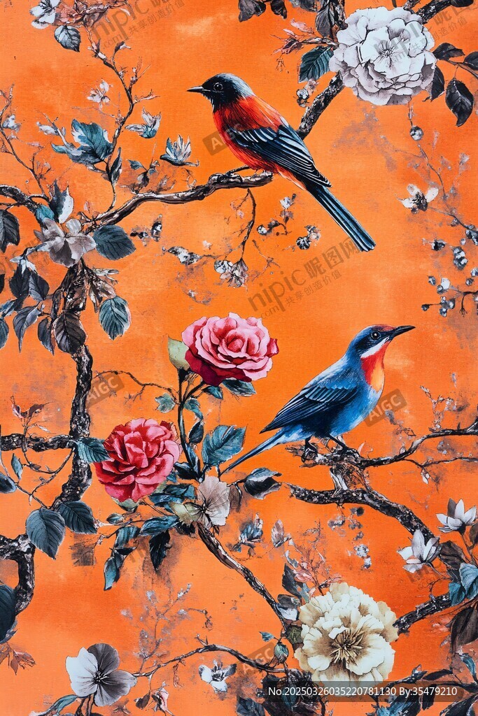 橙底花鸟图 双雀栖繁花