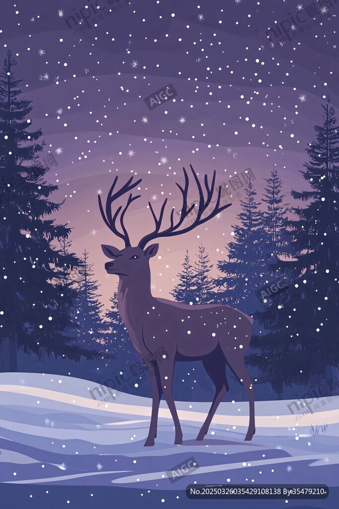 雪夜森林中的雄鹿