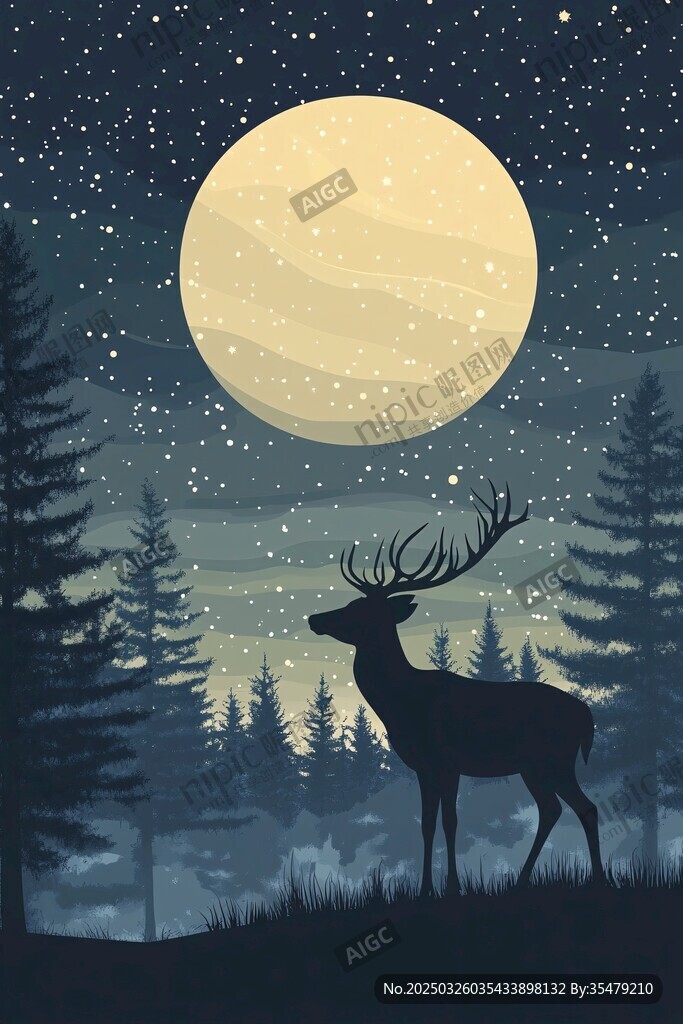 月夜下的雄鹿与森林美景