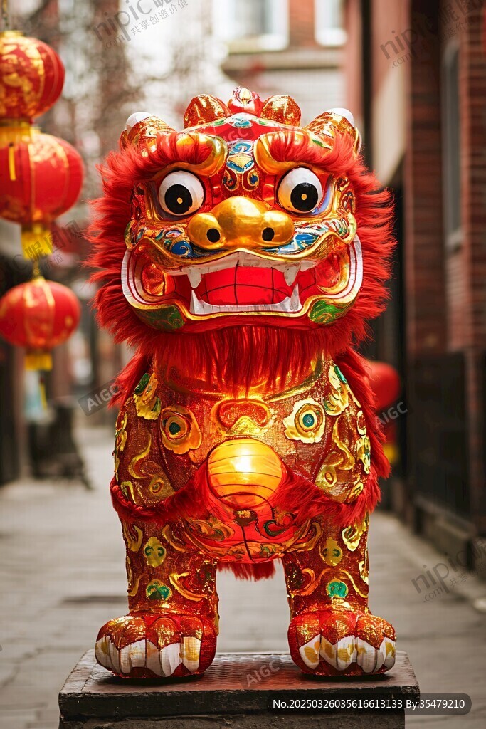 街头喜庆的传统舞狮雕塑