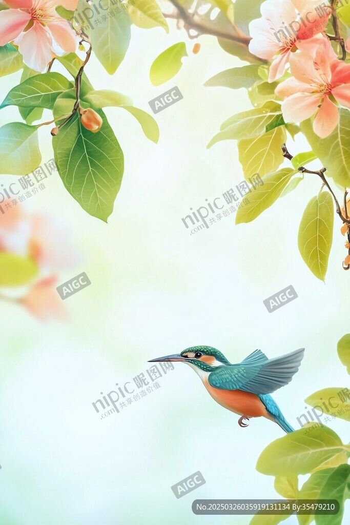 翠鸟于繁花绿叶间飞舞