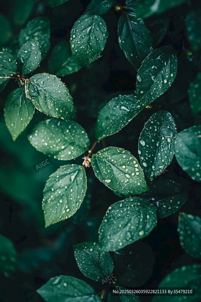 雨后绿叶 清新水珠点缀生机
