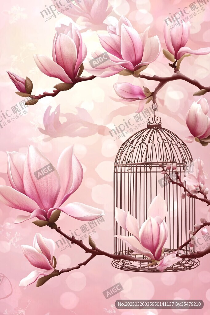粉玉兰与鸟笼的梦幻画面
