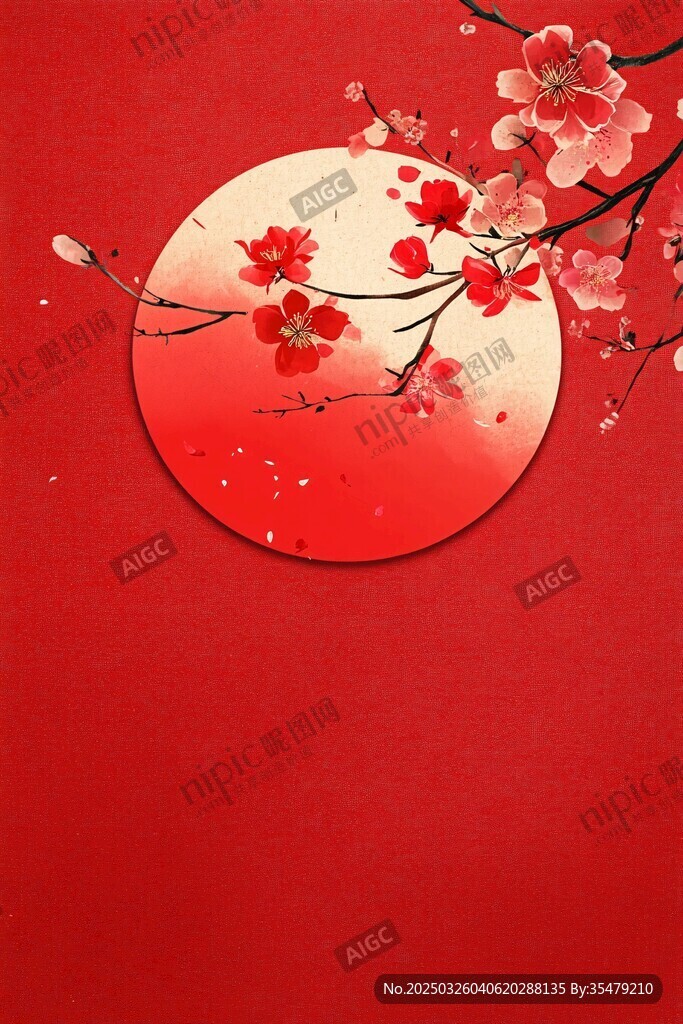 红底圆月绽红梅