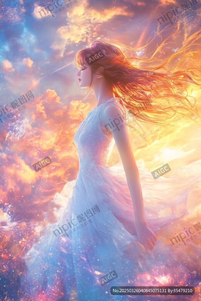 梦幻女子于绚烂云海中漫步