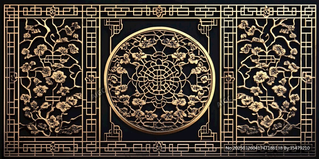 中式黑金雕花屏风装饰