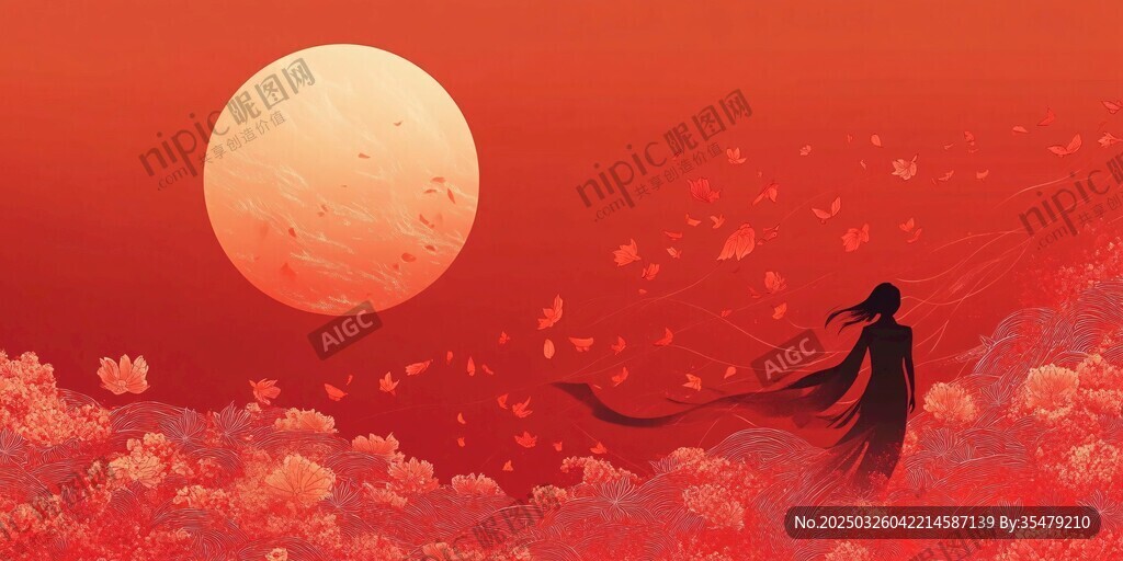红衣女子于红月花海间独伫