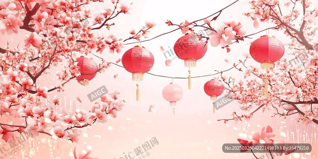 春日繁花红灯笼美景