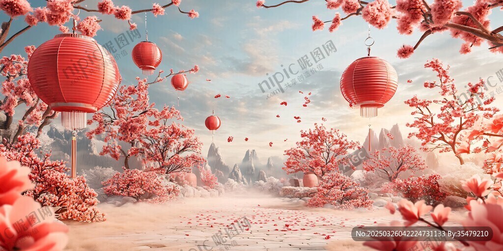 春日繁花红灯笼梦幻景致