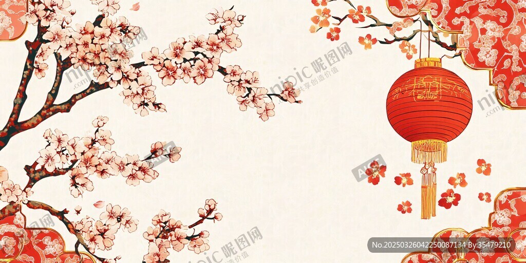 春日繁花红灯笼喜庆图