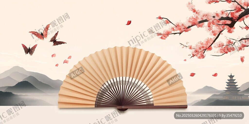 中式折扇与烂漫春景图