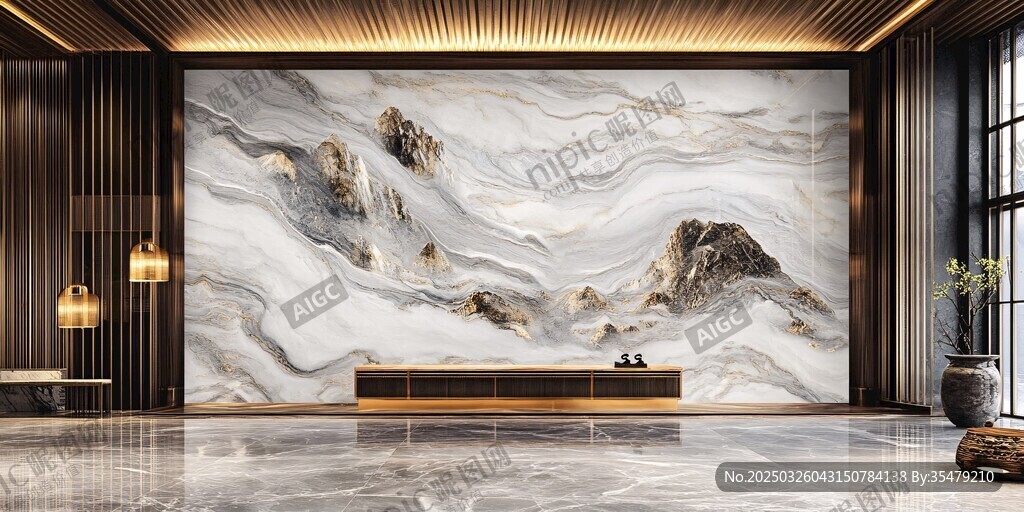 中式大理石山水背景墙
