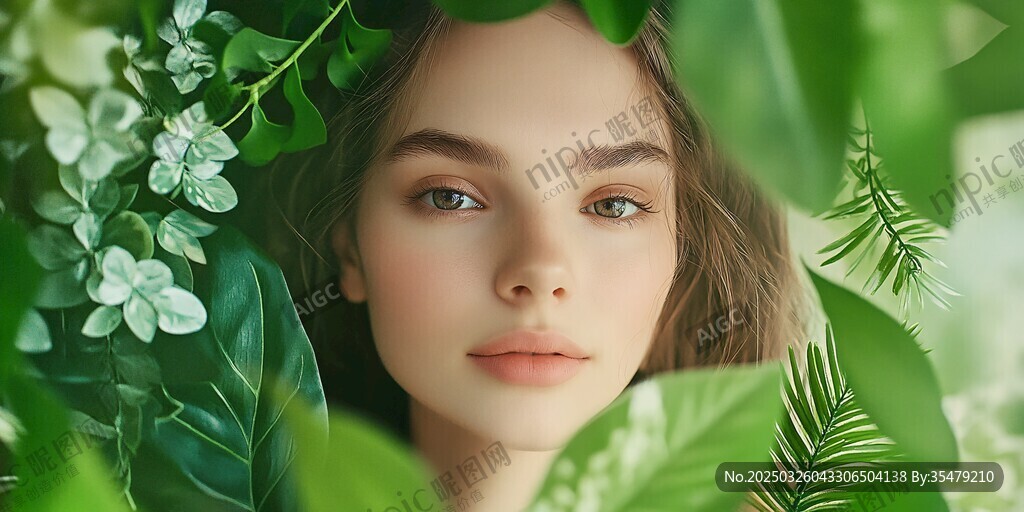 绿叶花丛中的美丽少女