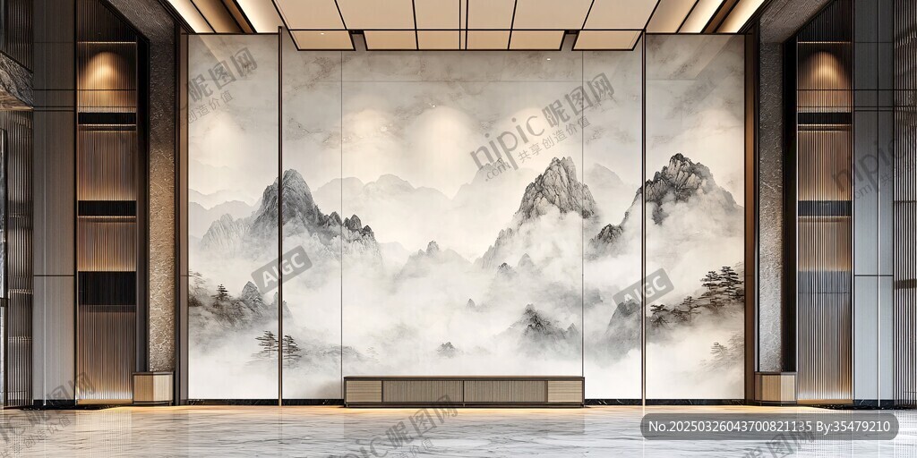中式山水风大厅背景墙