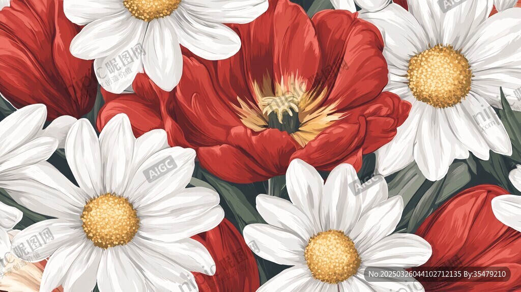 红郁金香与白雏菊花卉图