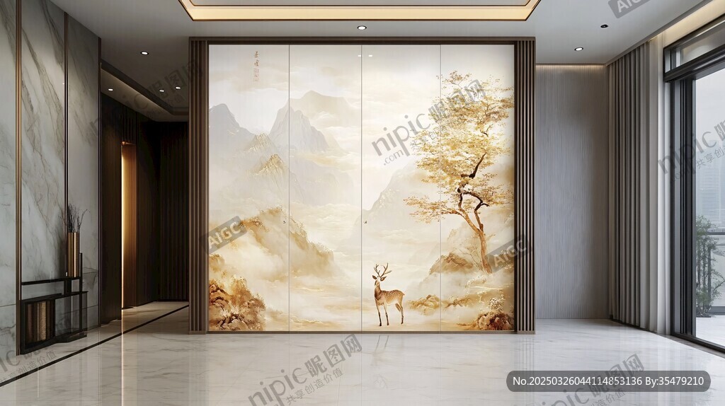 中式山水鹿景玄关装饰画