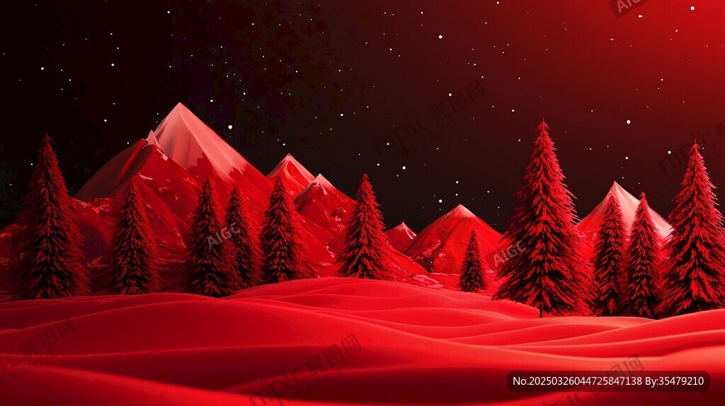 梦幻红色山林雪景图