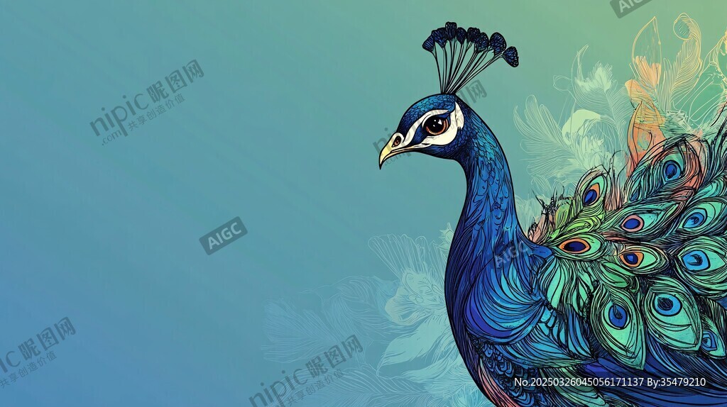 蓝孔雀插画 绚丽羽毛之美