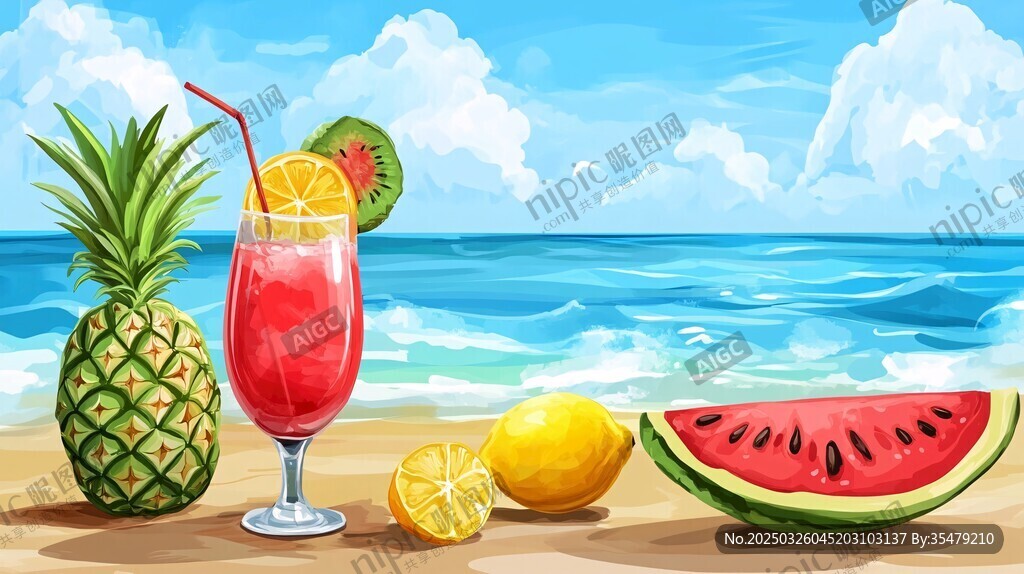 海滩上的缤纷夏日水果饮品
