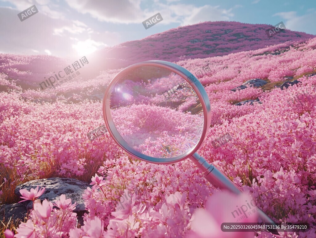 梦幻粉花海中的放大镜奇观