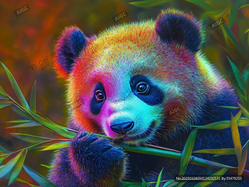 五彩熊猫啃食翠绿竹子