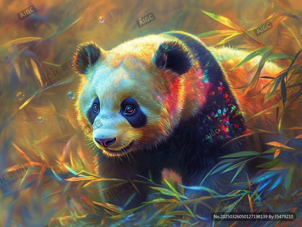 梦幻色彩熊猫置身竹林间