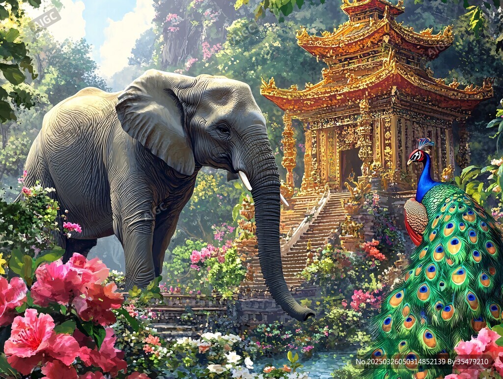 象与孔雀伴中式亭阁美景