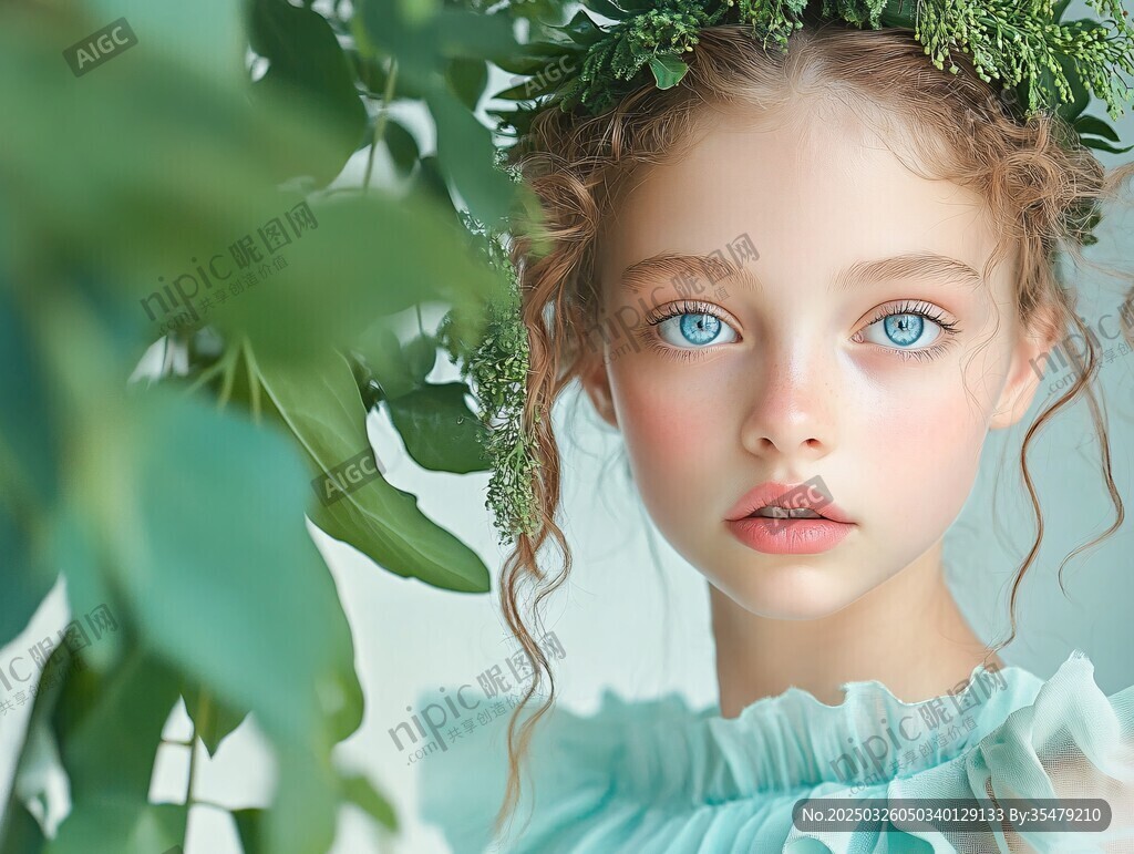 绿丛中的蓝眸梦幻小女孩