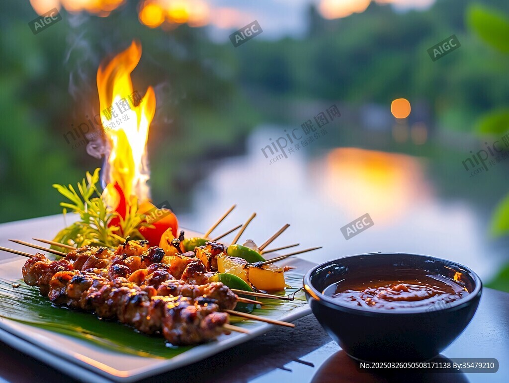 湖畔火焰烤肉与蘸酱美味