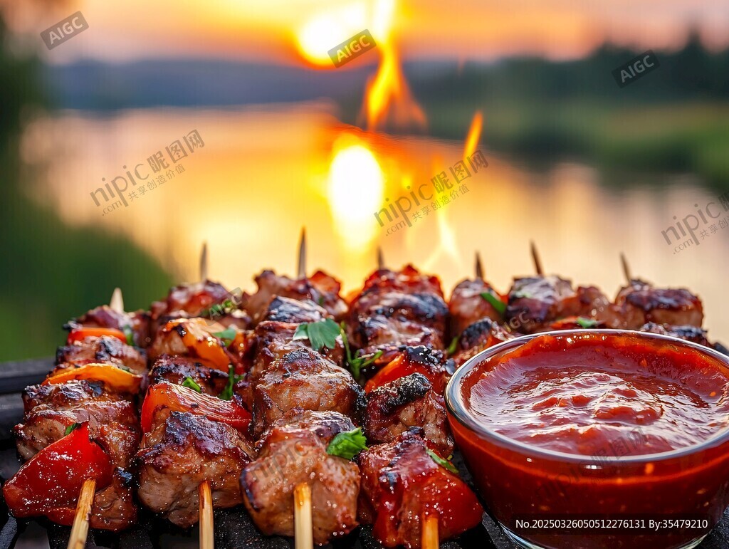 湖畔夕阳下的美味烤肉串