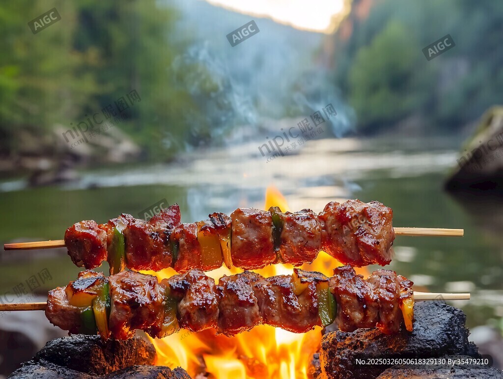 河畔篝火烤肉的惬意时光