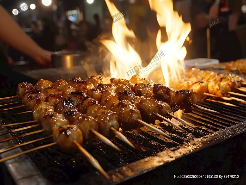 夜市炭火烤串飘香瞬间