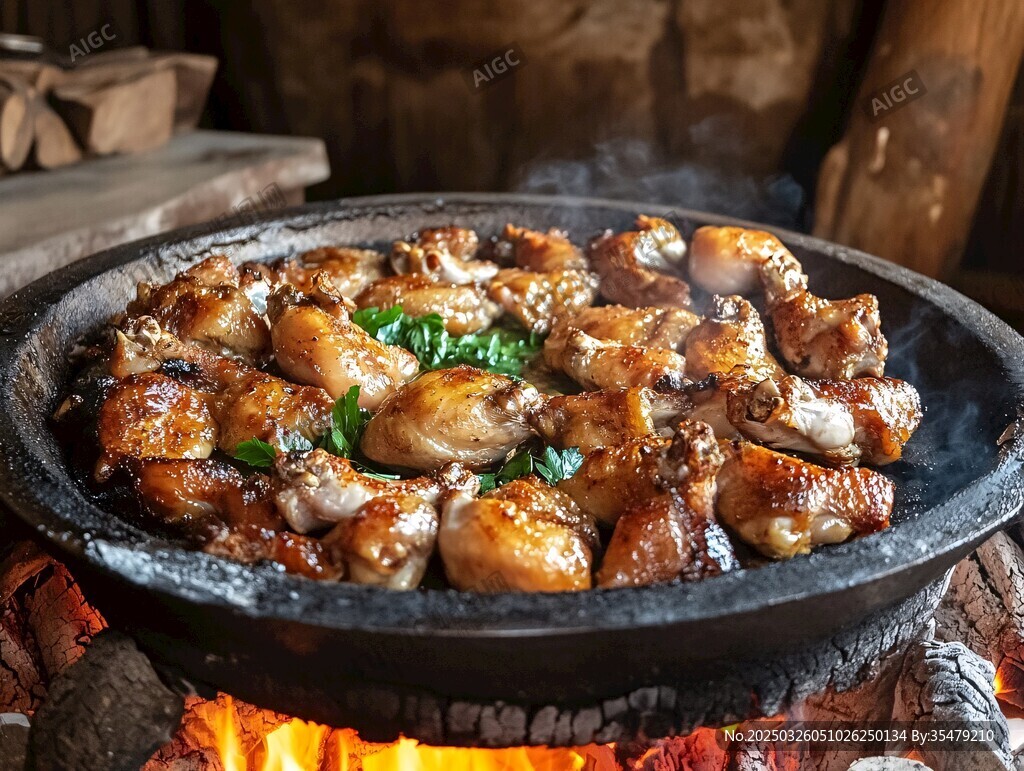 柴火铁锅烹制美味鸡肉
