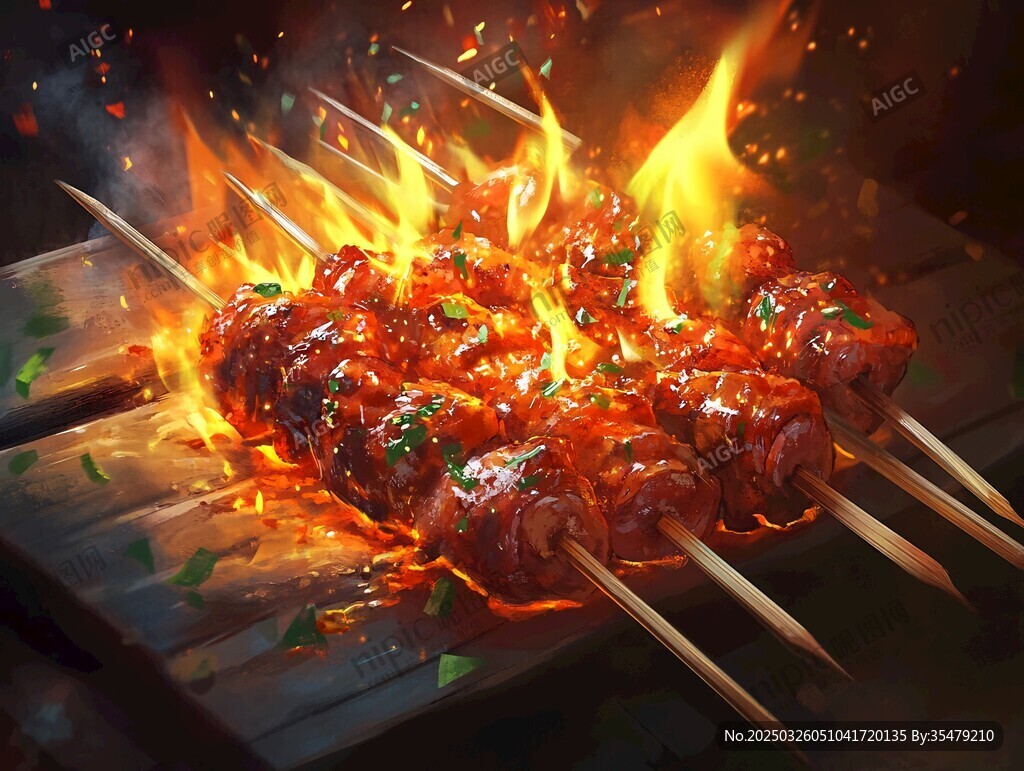 火焰中烤制的美味羊肉串