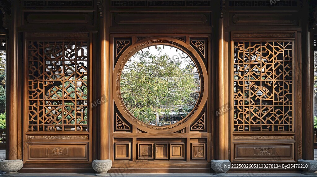 中式圆窗木构建筑景致