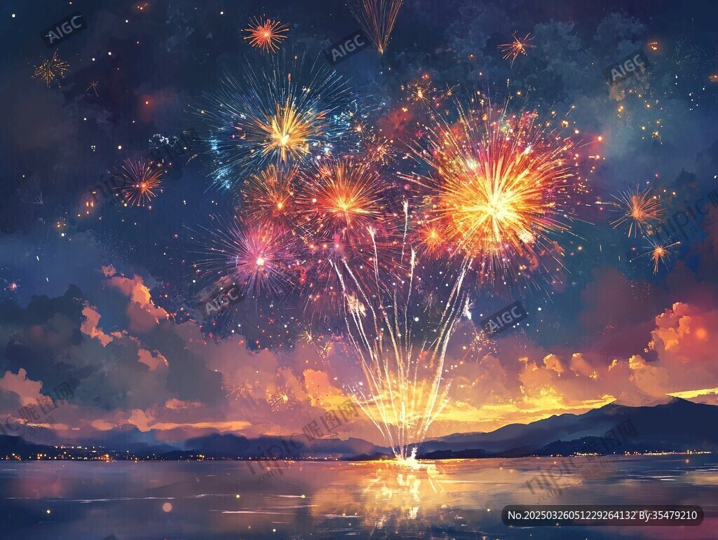 夜空中绚烂绽放的梦幻烟花